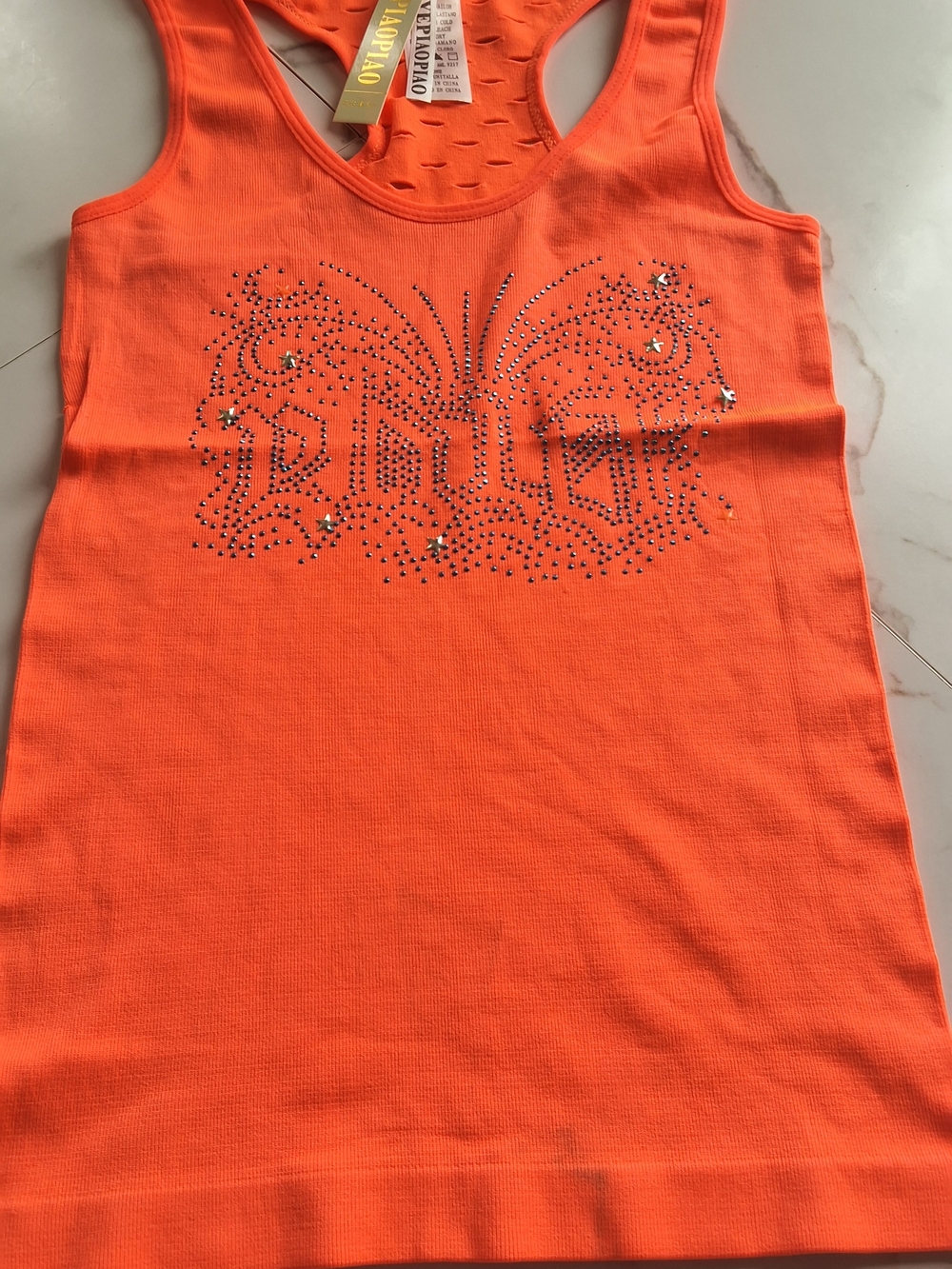 Kids Orange Tank Top with Rhinestone Butterfly